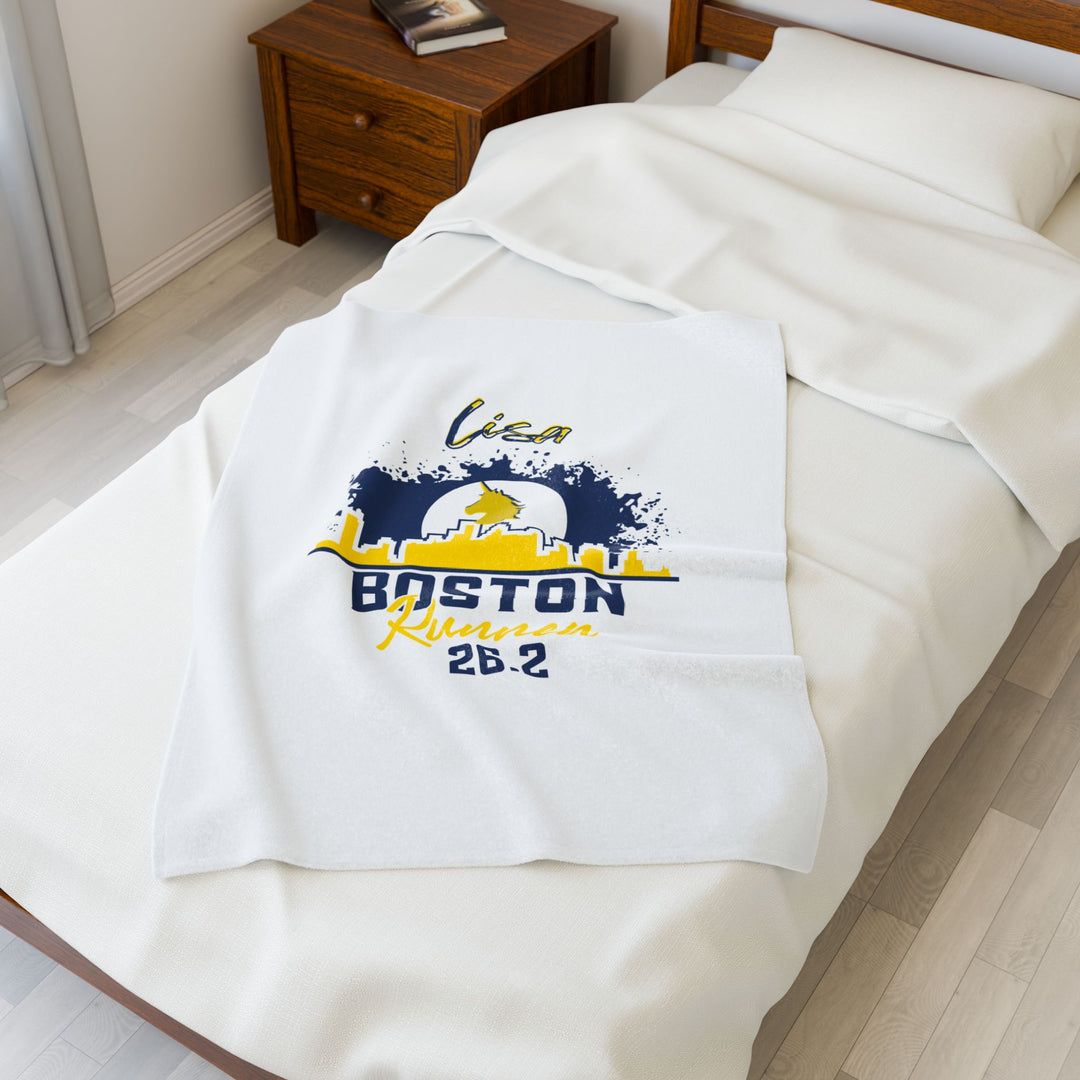 Boston Runner, Velveteen Plush Blanket, Marathon Blanket, 26.2, Personalized Marathon Blanket