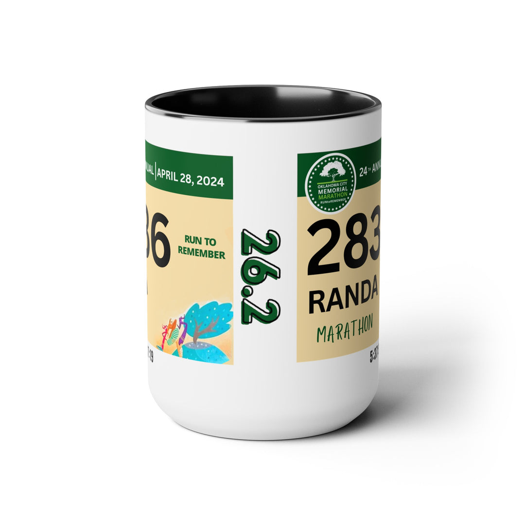 OKC Bib Cup, Two-Tone Coffee Mugs, 15oz, OKC Runner, Gift for Oklahoma City Runner, Marathon Bib Mug