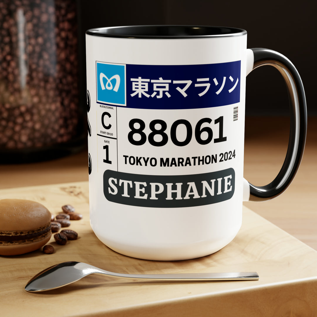 Tokyo Bib Cup, Two-Tone Coffee Mugs, 15oz, Tokyo Runner, Gift for Tokyo Runner, Tokyo Bib Mug, 2024 Major Marathons