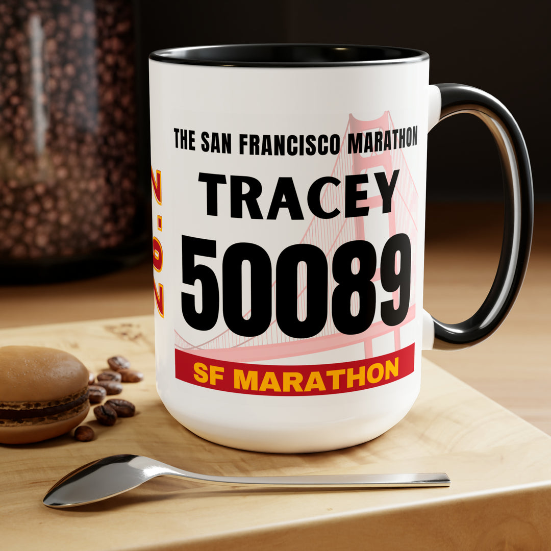 San Francisco Bib Mug,  SF Bib Cup, Personalized Marathon Bib Cup, 15oz, Marathon Gift, San Francisco Runner