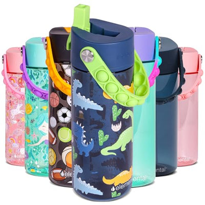 Elemental Leak Proof Water Bottles for Kids - Splash Kids Water Bottle for School with Fun Fidget Pop-it Handle - BPA Free Tritan Plastic Reusable Water Bottle with Straw - Construction - 18oz *As an Amazon Associate, I earn from qualifying purchases