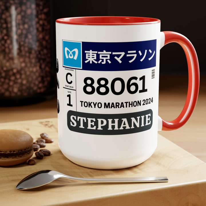 Tokyo Bib Cup, Two-Tone Coffee Mugs, 15oz, Tokyo Runner, Gift for Tokyo Runner, Tokyo Bib Mug, 2024 Major Marathons