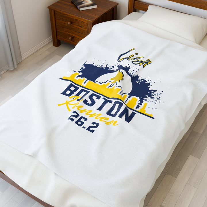 Boston Runner, Velveteen Plush Blanket, Marathon Blanket, 26.2, Personalized Marathon Blanket
