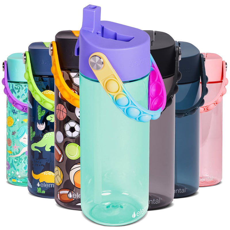 Elemental Leak Proof Water Bottles for Kids - Splash Kids Water Bottle for School with Fun Fidget Pop-it Handle - BPA Free Tritan Plastic Reusable Water Bottle with Straw - Construction - 18oz *As an Amazon Associate, I earn from qualifying purchases