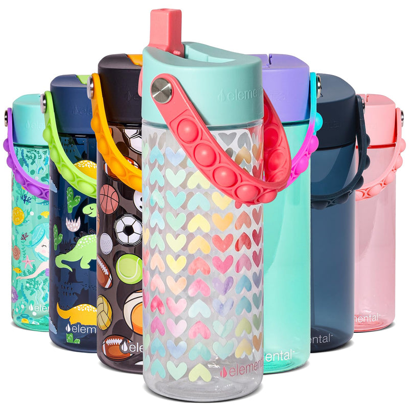 Elemental Leak Proof Water Bottles for Kids - Splash Kids Water Bottle for School with Fun Fidget Pop-it Handle - BPA Free Tritan Plastic Reusable Water Bottle with Straw - Construction - 18oz *As an Amazon Associate, I earn from qualifying purchases