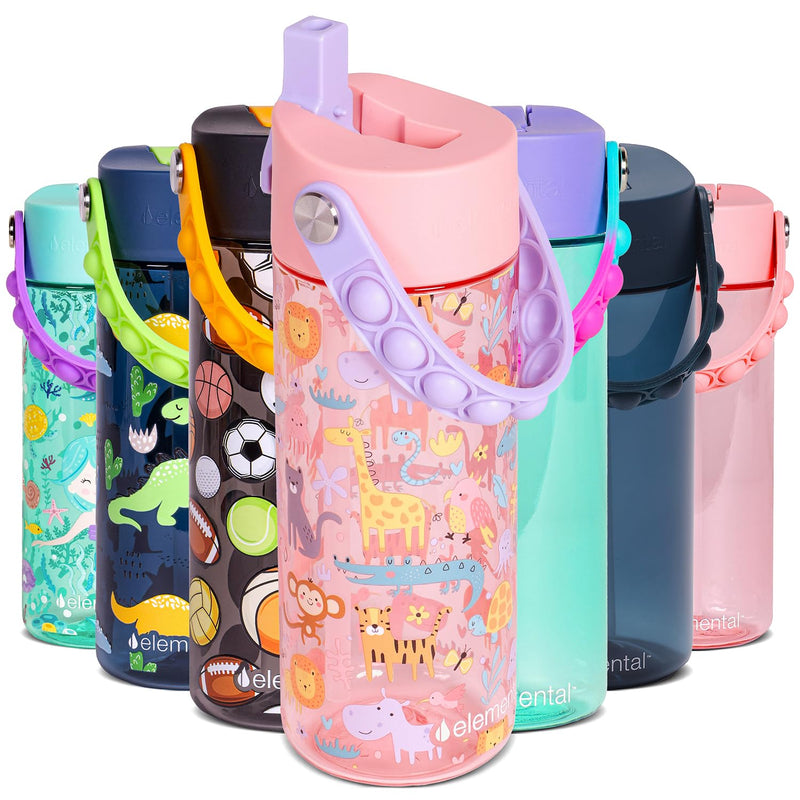 Elemental Leak Proof Water Bottles for Kids - Splash Kids Water Bottle for School with Fun Fidget Pop-it Handle - BPA Free Tritan Plastic Reusable Water Bottle with Straw - Construction - 18oz *As an Amazon Associate, I earn from qualifying purchases