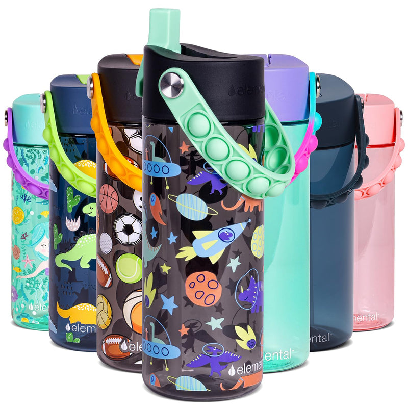 Elemental Leak Proof Water Bottles for Kids - Splash Kids Water Bottle for School with Fun Fidget Pop-it Handle - BPA Free Tritan Plastic Reusable Water Bottle with Straw - Construction - 18oz *As an Amazon Associate, I earn from qualifying purchases