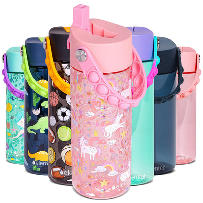 Elemental Leak Proof Water Bottles for Kids - Splash Kids Water Bottle for School with Fun Fidget Pop-it Handle - BPA Free Tritan Plastic Reusable Water Bottle with Straw - Construction - 18oz *As an Amazon Associate, I earn from qualifying purchases