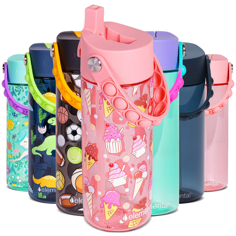 Elemental Leak Proof Water Bottles for Kids - Splash Kids Water Bottle for School with Fun Fidget Pop-it Handle - BPA Free Tritan Plastic Reusable Water Bottle with Straw - Construction - 18oz *As an Amazon Associate, I earn from qualifying purchases