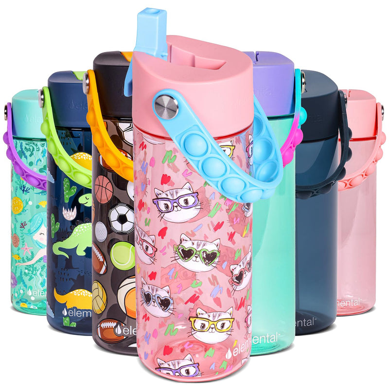 Elemental Leak Proof Water Bottles for Kids - Splash Kids Water Bottle for School with Fun Fidget Pop-it Handle - BPA Free Tritan Plastic Reusable Water Bottle with Straw - Construction - 18oz *As an Amazon Associate, I earn from qualifying purchases