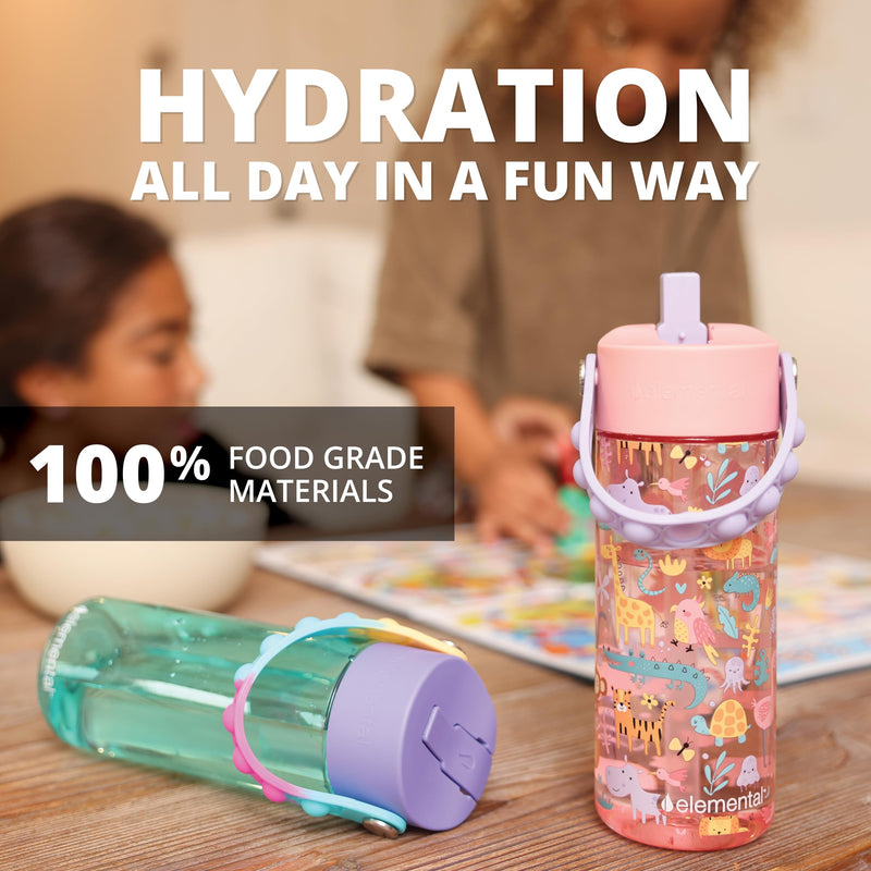 Elemental Leak Proof Water Bottles for Kids - Splash Kids Water Bottle for School with Fun Fidget Pop-it Handle - BPA Free Tritan Plastic Reusable Water Bottle with Straw - Construction - 18oz *As an Amazon Associate, I earn from qualifying purchases