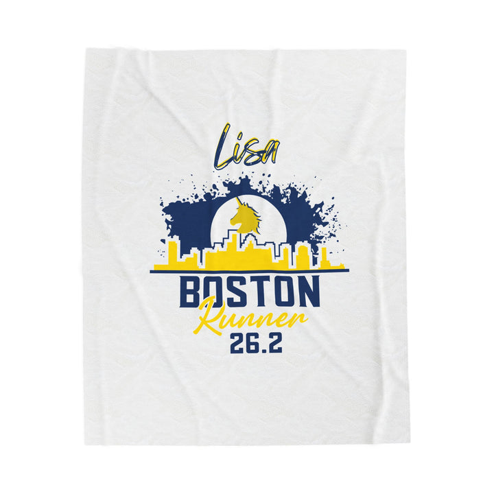 Boston Runner, Velveteen Plush Blanket, Marathon Blanket, 26.2, Personalized Marathon Blanket