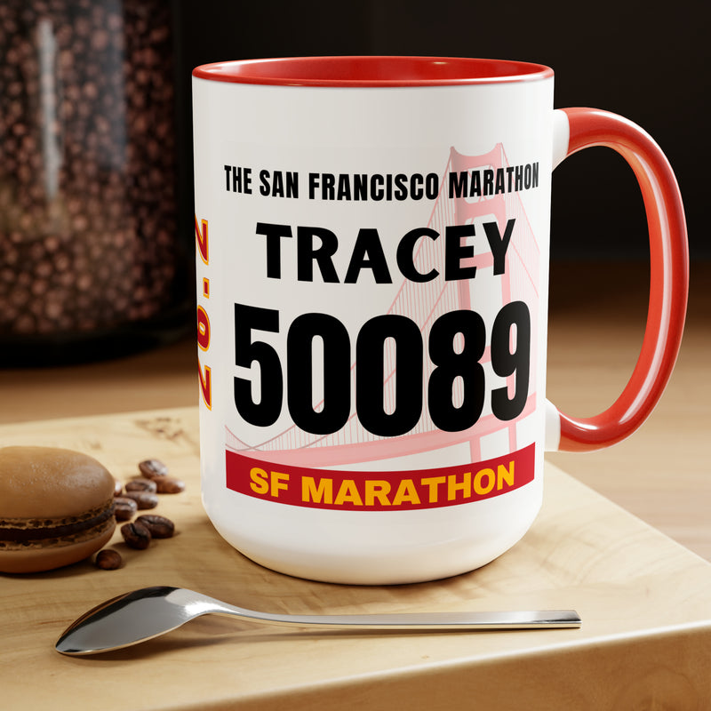 San Francisco Bib Mug,  SF Bib Cup, Personalized Marathon Bib Cup, 15oz, Marathon Gift, San Francisco Runner