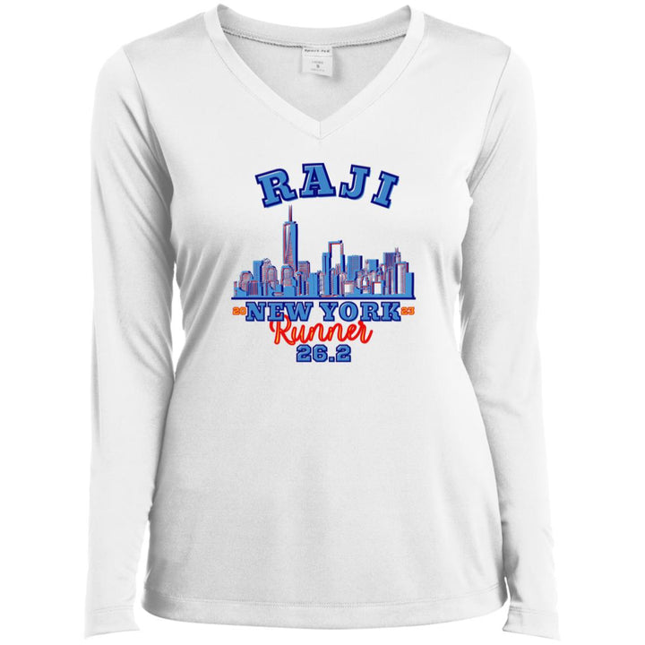 New York Race Shirt, 26.2, Ladies’ Long Sleeve Performance V-Neck Tee, Personalized Race Day Tee