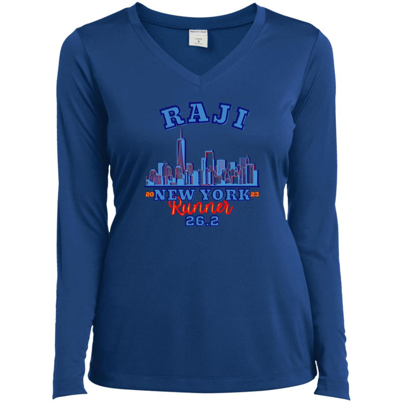 New York Race Shirt, 26.2, Ladies’ Long Sleeve Performance V-Neck Tee, Personalized Race Day Tee