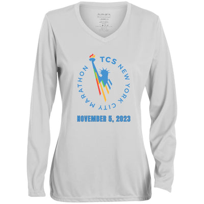 NYC Race Day Shirt, Ladies' Moisture-Wicking Long Sleeve V-Neck Tee, Custom Marathon Shirt, Personalize front and back