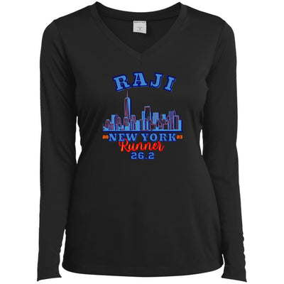 New York Race Shirt, 26.2, Ladies’ Long Sleeve Performance V-Neck Tee, Personalized Race Day Tee
