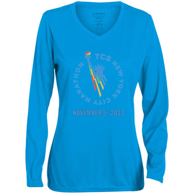 NYC Race Day Shirt, Ladies' Moisture-Wicking Long Sleeve V-Neck Tee, Custom Marathon Shirt, Personalize front and back