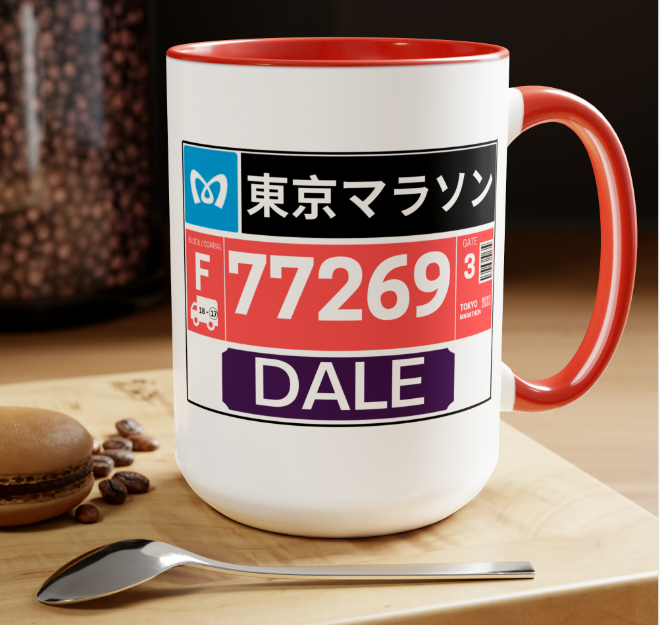Tokyo Bib Cup, Two-Tone Coffee Mugs, 15oz, Tokyo Runner, Gift for Tokyo Runner, Tokyo Bib Mug, Major Marathons