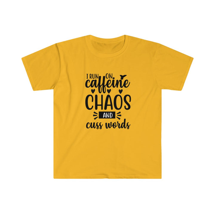 Run on Caffeine, Chaos, and Cuss Words Shirt, Unisex Softstyle T-Shirt. Funny Run Tee