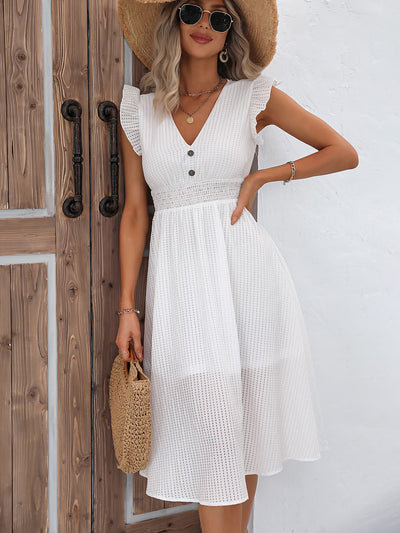 White Summer Dress, Butterfly Sleeve Dress, Decorative Buttons, Ruffle Dress