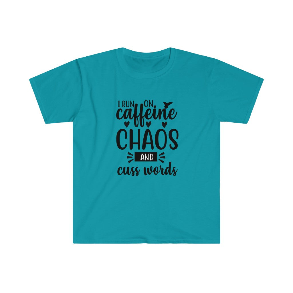 Run on Caffeine, Chaos, and Cuss Words Shirt, Unisex Softstyle T-Shirt. Funny Run Tee