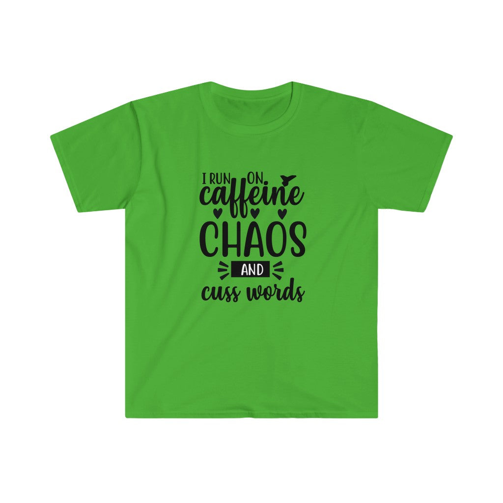 Run on Caffeine, Chaos, and Cuss Words Shirt, Unisex Softstyle T-Shirt. Funny Run Tee