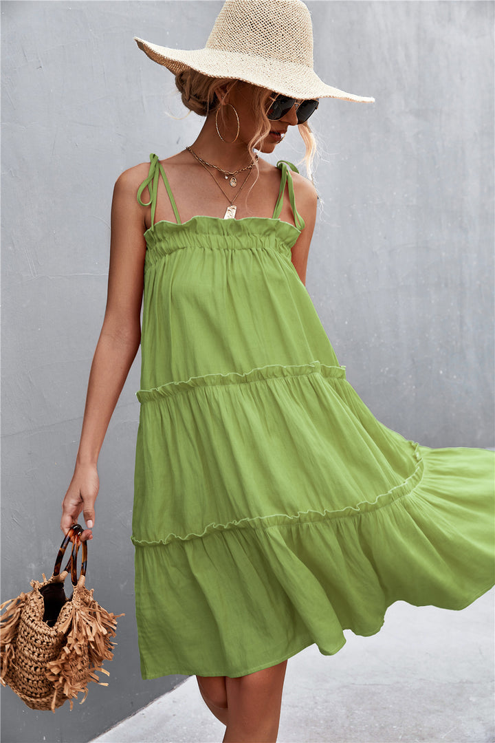 Tie-Shoulder Frill Trim Sleeveless Dress