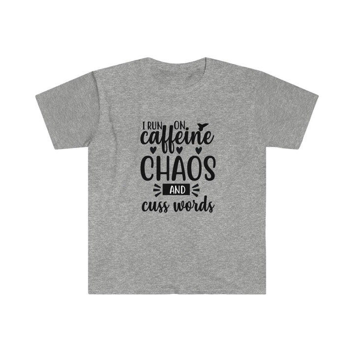 Run on Caffeine, Chaos, and Cuss Words Shirt, Unisex Softstyle T-Shirt. Funny Run Tee