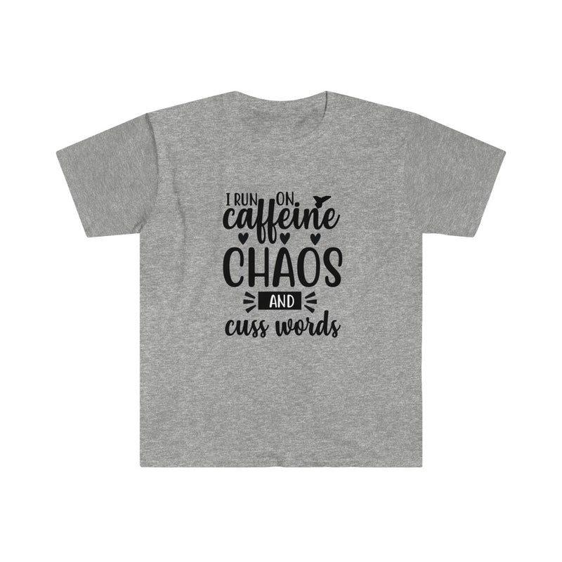 Run on Caffeine, Chaos, and Cuss Words Shirt, Unisex Softstyle T-Shirt. Funny Run Tee