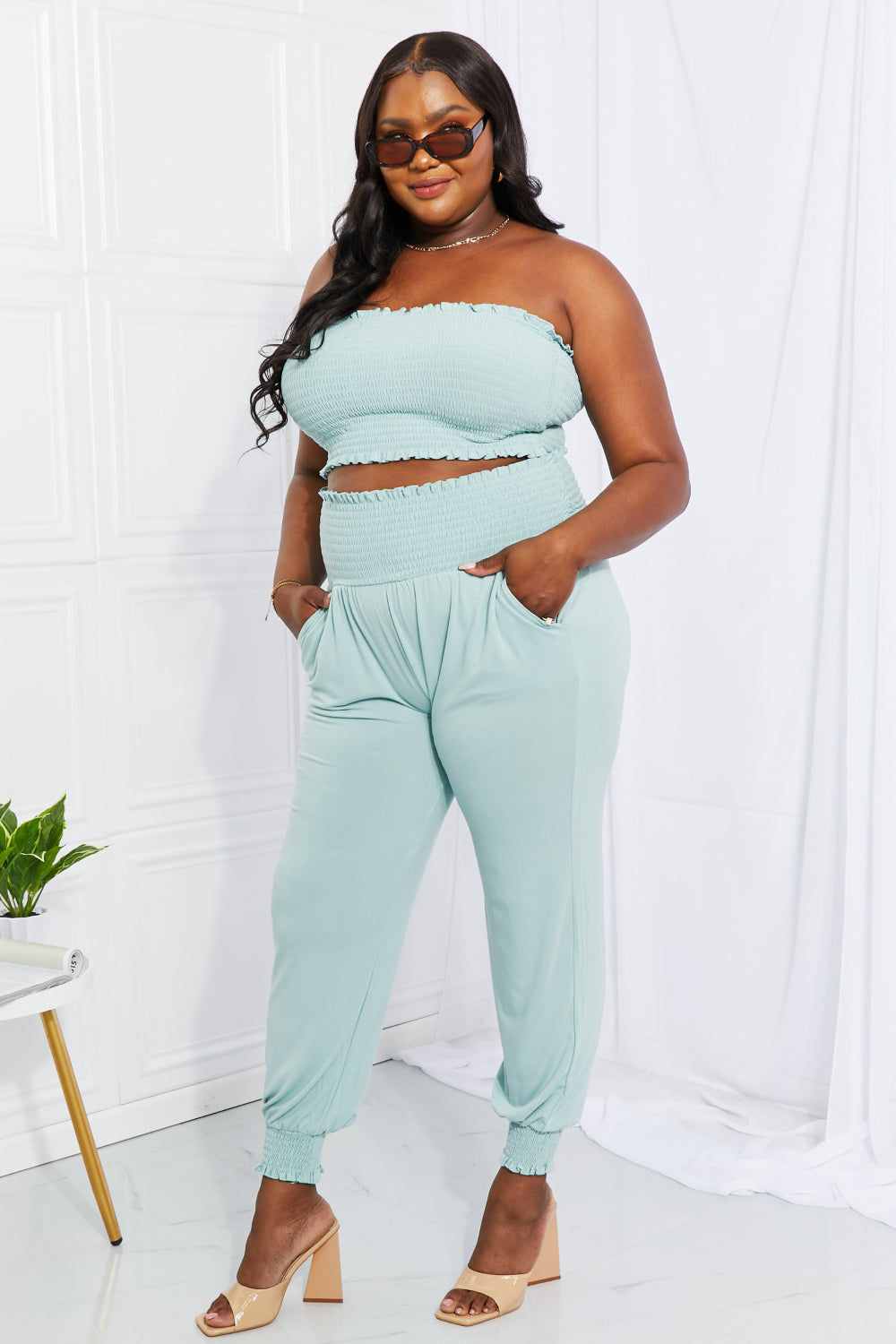 Zenana Stylish Comfort Smocked Tube Top & Joggers Set