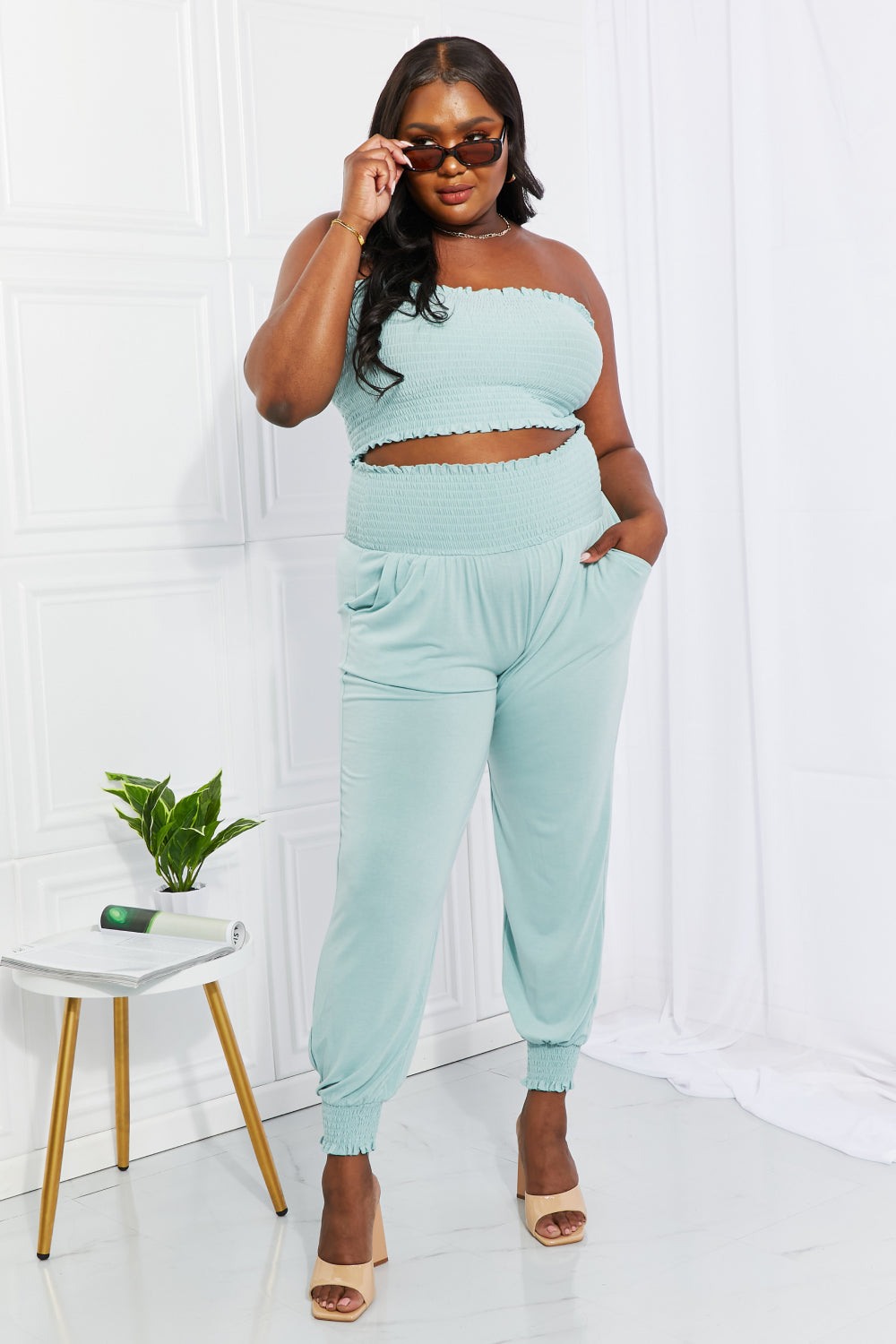 Zenana Stylish Comfort Smocked Tube Top & Joggers Set