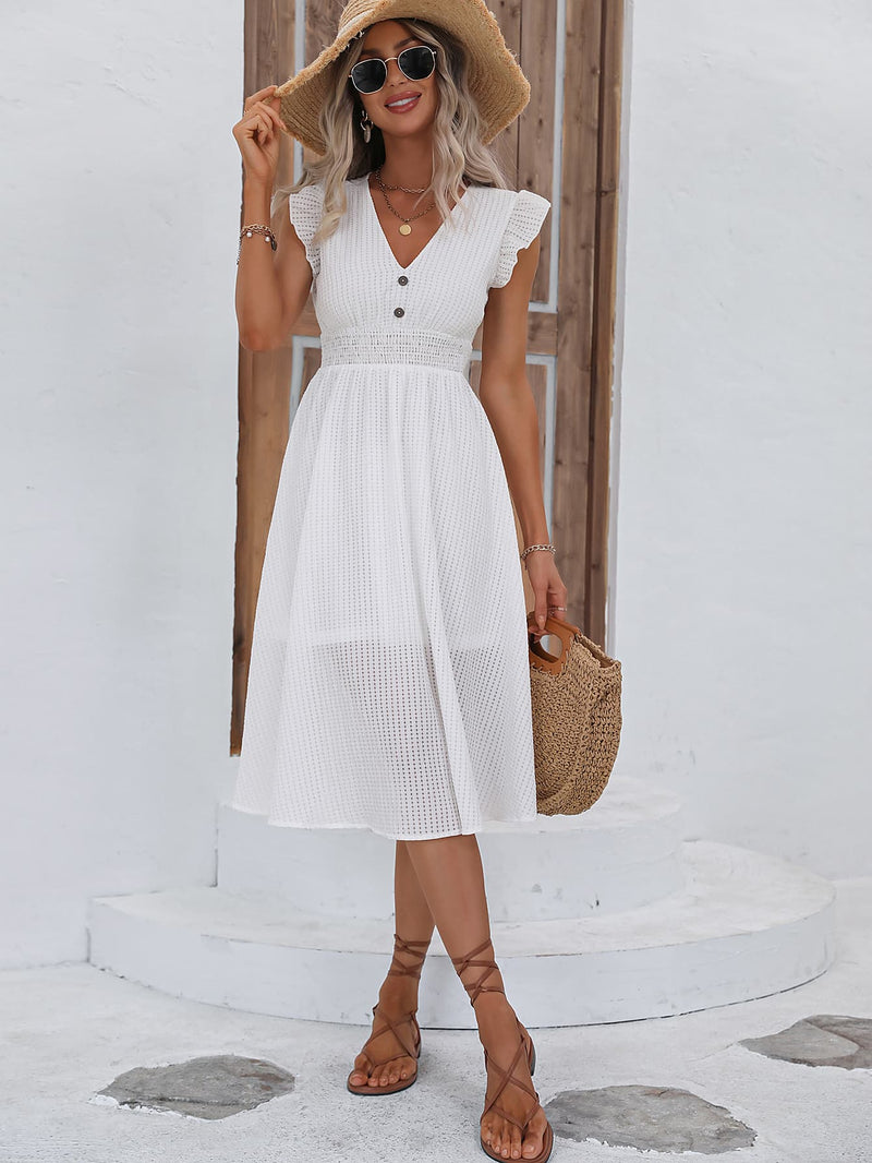 White Summer Dress, Butterfly Sleeve Dress, Decorative Buttons, Ruffle Dress