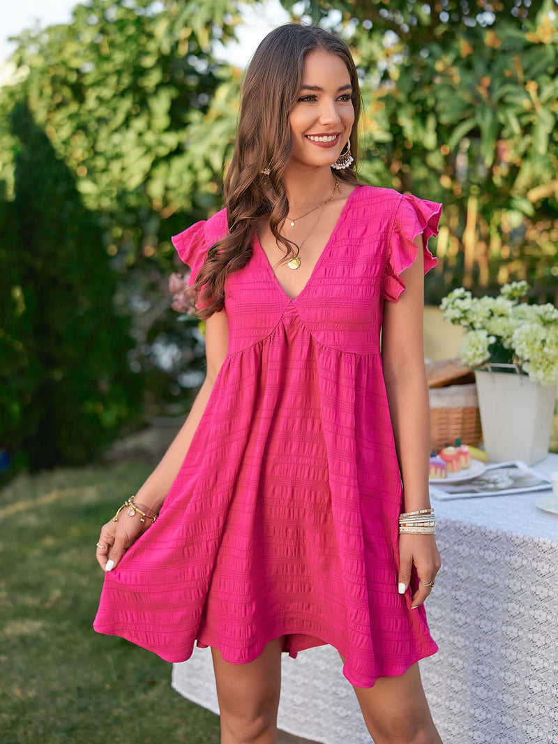 Ruffle Dress, Textured V-Neck Flutter Sleeve Dress, Mini Dress