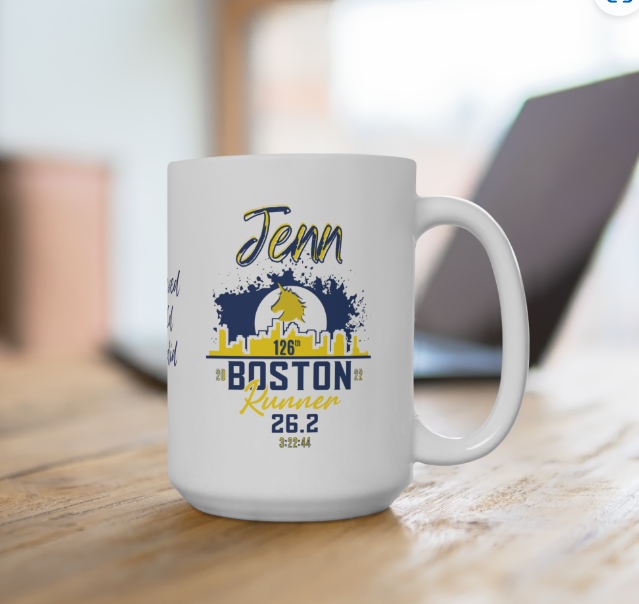 Boston Mug, 15oz White Ceramic Mug, Personalized Marathon Mug, Boston Runner