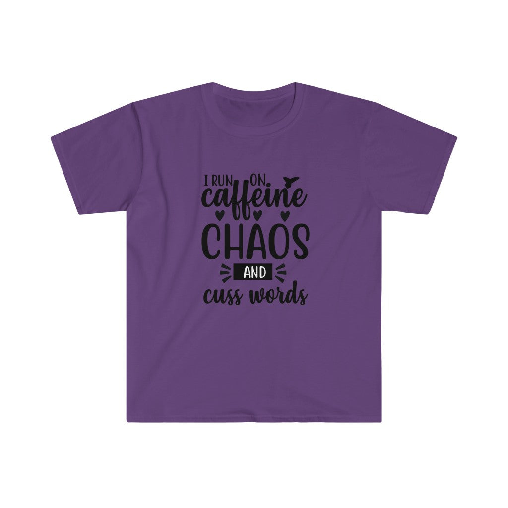 Run on Caffeine, Chaos, and Cuss Words Shirt, Unisex Softstyle T-Shirt. Funny Run Tee