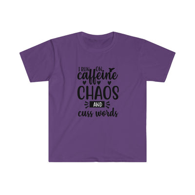 Run on Caffeine, Chaos, and Cuss Words Shirt, Unisex Softstyle T-Shirt. Funny Run Tee