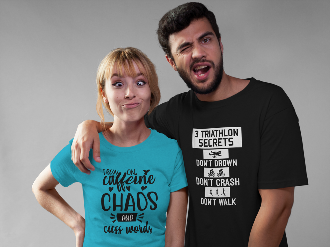 Run on Caffeine, Chaos, and Cuss Words Shirt, Unisex Softstyle T-Shirt. Funny Run Tee