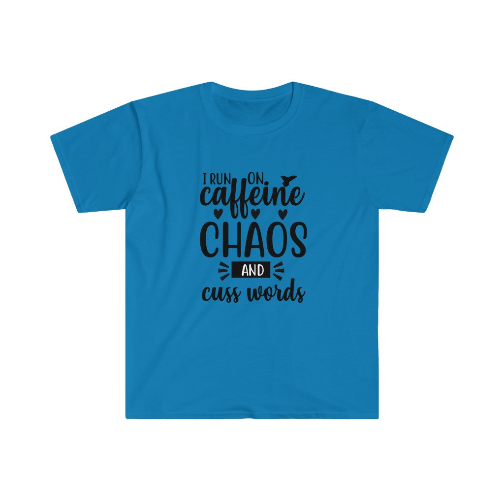 Run on Caffeine, Chaos, and Cuss Words Shirt, Unisex Softstyle T-Shirt. Funny Run Tee