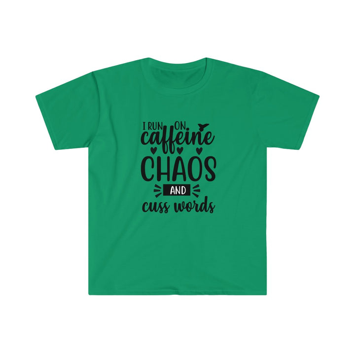 Run on Caffeine, Chaos, and Cuss Words Shirt, Unisex Softstyle T-Shirt. Funny Run Tee