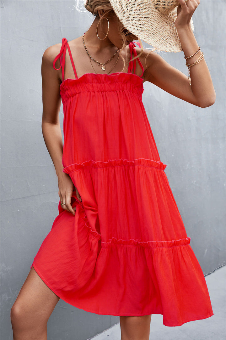 Tie-Shoulder Frill Trim Sleeveless Dress