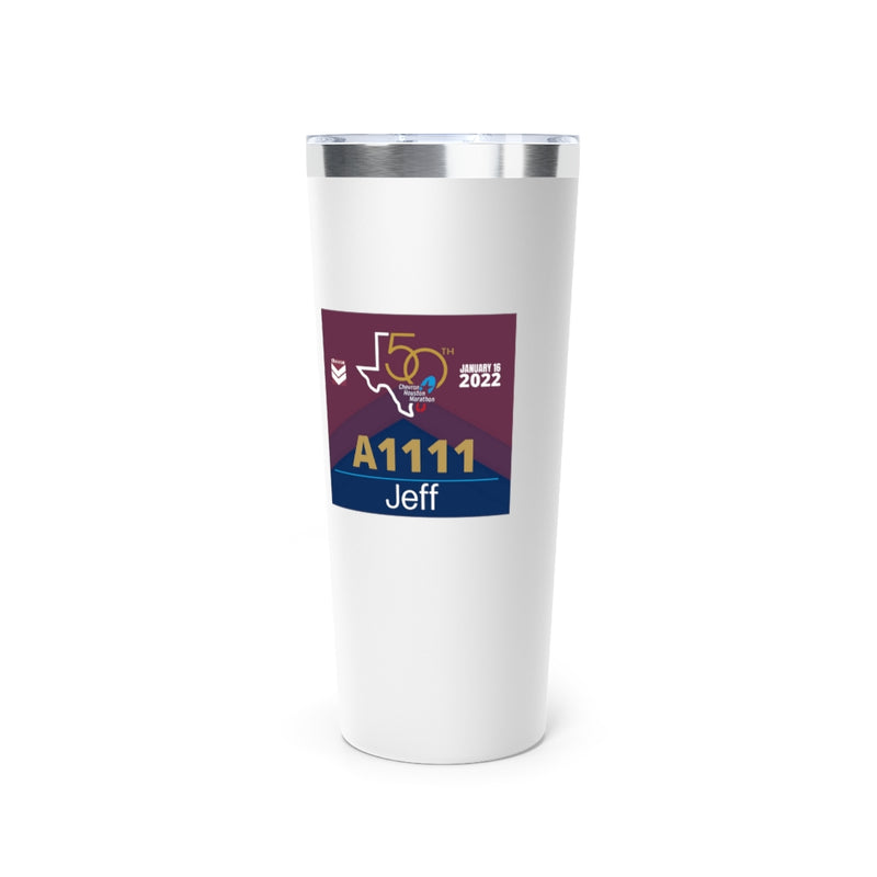 Houston Marathon Bib Travel Mug, Copper Vacuum Insulated Tumbler, 22oz, Runners Gift, Personalized Marathon Gift